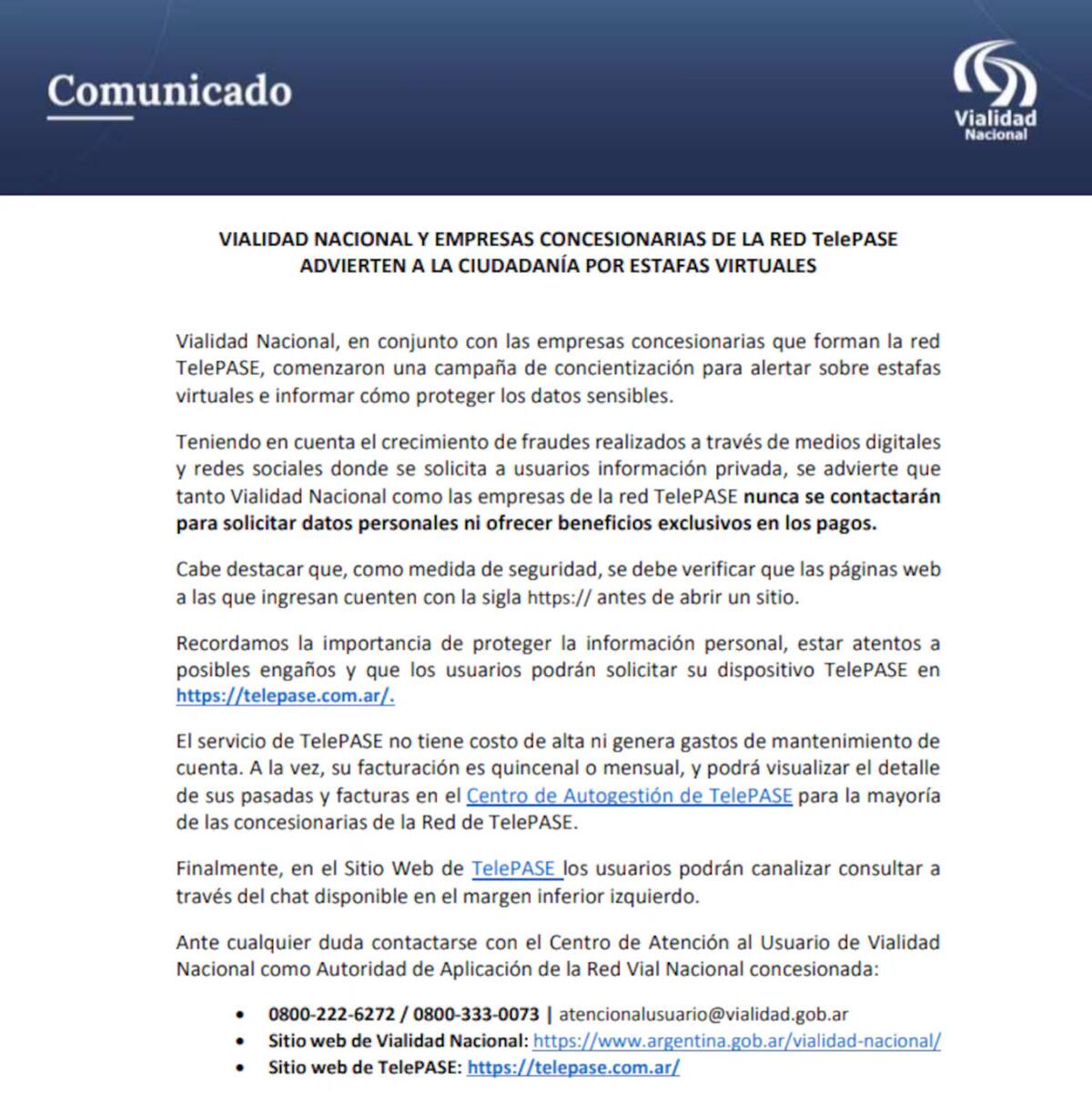 El comunicado advirtiendo estafas