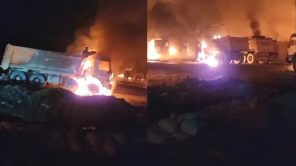 Encapuchados quemaron medio centenar de camiones en una hidroeléctrica en la Araucanía chilena. Foto: X / @aprachile.