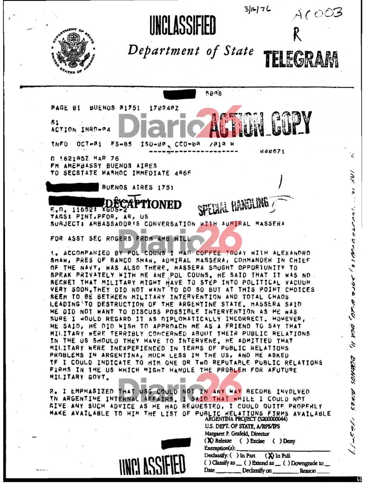 24 de marzo de 1976, golpe militar, dictadura militar en Argentina, documentos de Estados Unidos, Massera