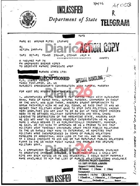 24 de marzo de 1976, golpe militar, dictadura militar en Argentina, documentos de Estados Unidos, Massera