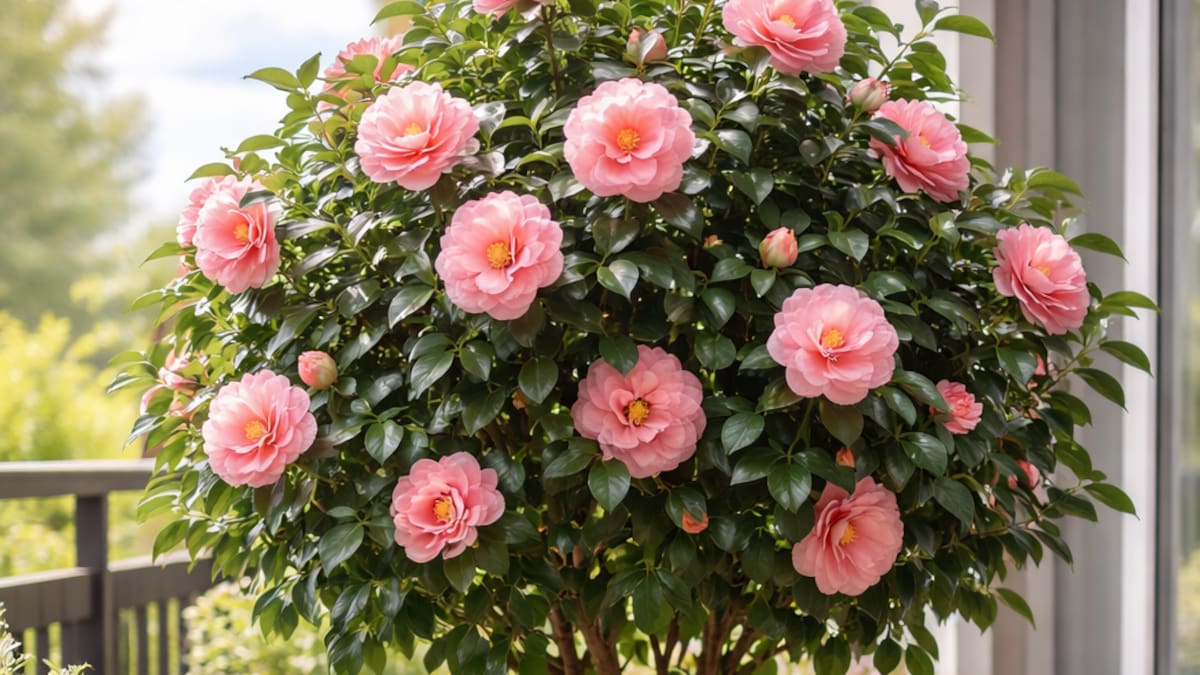 Árbol, flores, maceta.