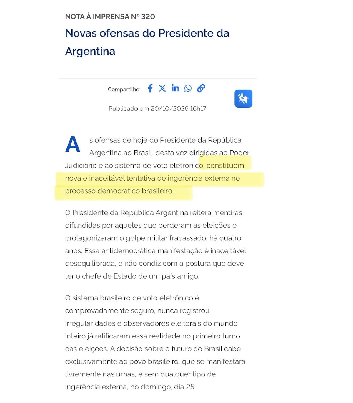 Comunicado de la Cancillería de Brasil tras los insultos de Milei.