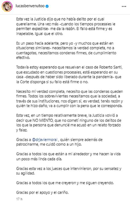 El posteo de Lucas Benvenuto. Foto: Instagram.