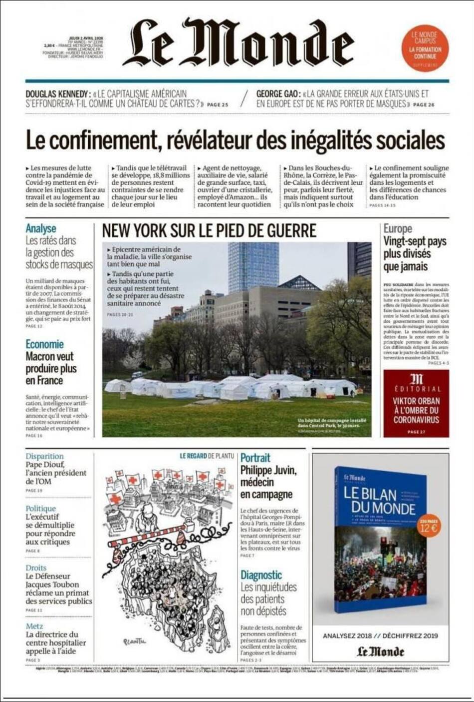 Tapas de diarios, Le Monde, jueves 2 de abril de 2020