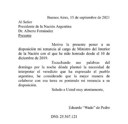 Wado de Pedro puso su renuncia a disposición.
