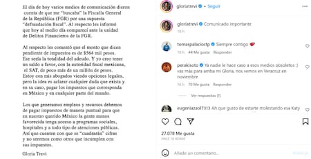 El comunicado de Gloria Trevi. Foto: Instagram.