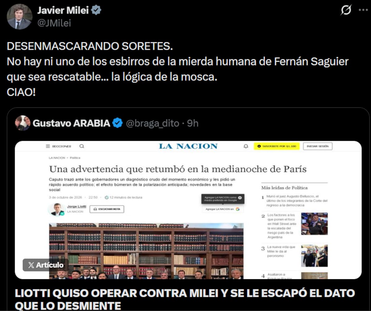 Insultos de Javier Milei contra periodistas y autoridades de LA NACION.