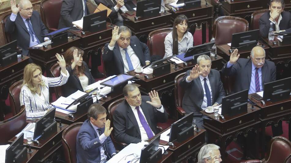 Senadores oficialistas votan durante el tratamiento del proyecto de ley sobre Emergencia Alimentaria, NA