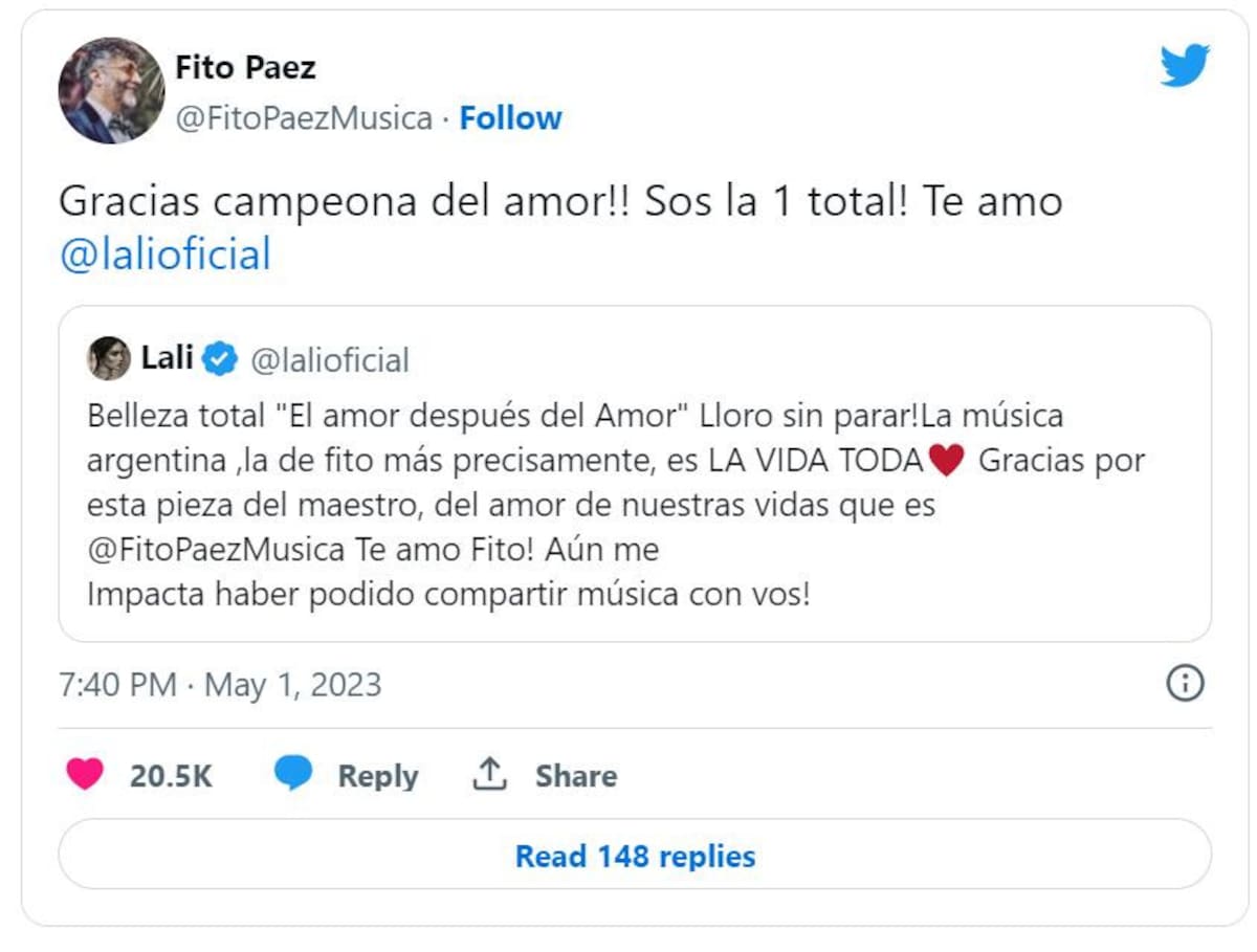 Los mensajes entre Fito Páez y Lali. Foto: Twitter.