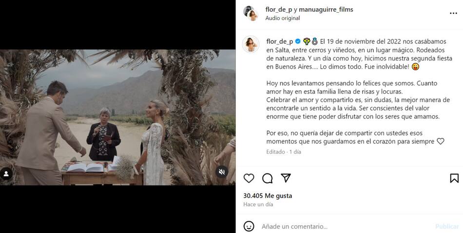 El posteo sobre su casamiento. Foto: Instagram.