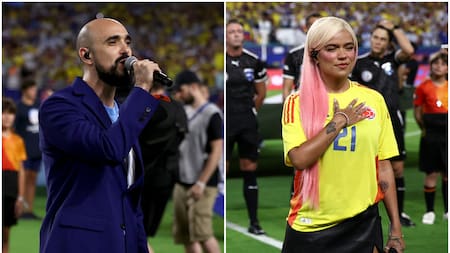 El cálido abrazo entre Abel Pintos y Karol G tras entonar los himnos de Argentina y Colombia en la Copa América