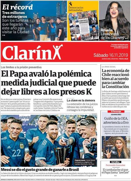 Tapas de diarios, Clarín, sábado 16 de noviembre de 2019