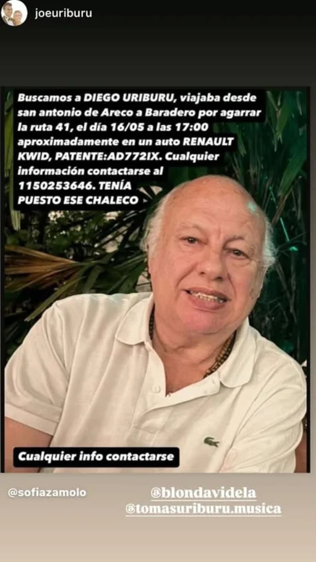 La búsqueda de Diego Uriburu, en redes. Foto: Instagram @joeuriburu