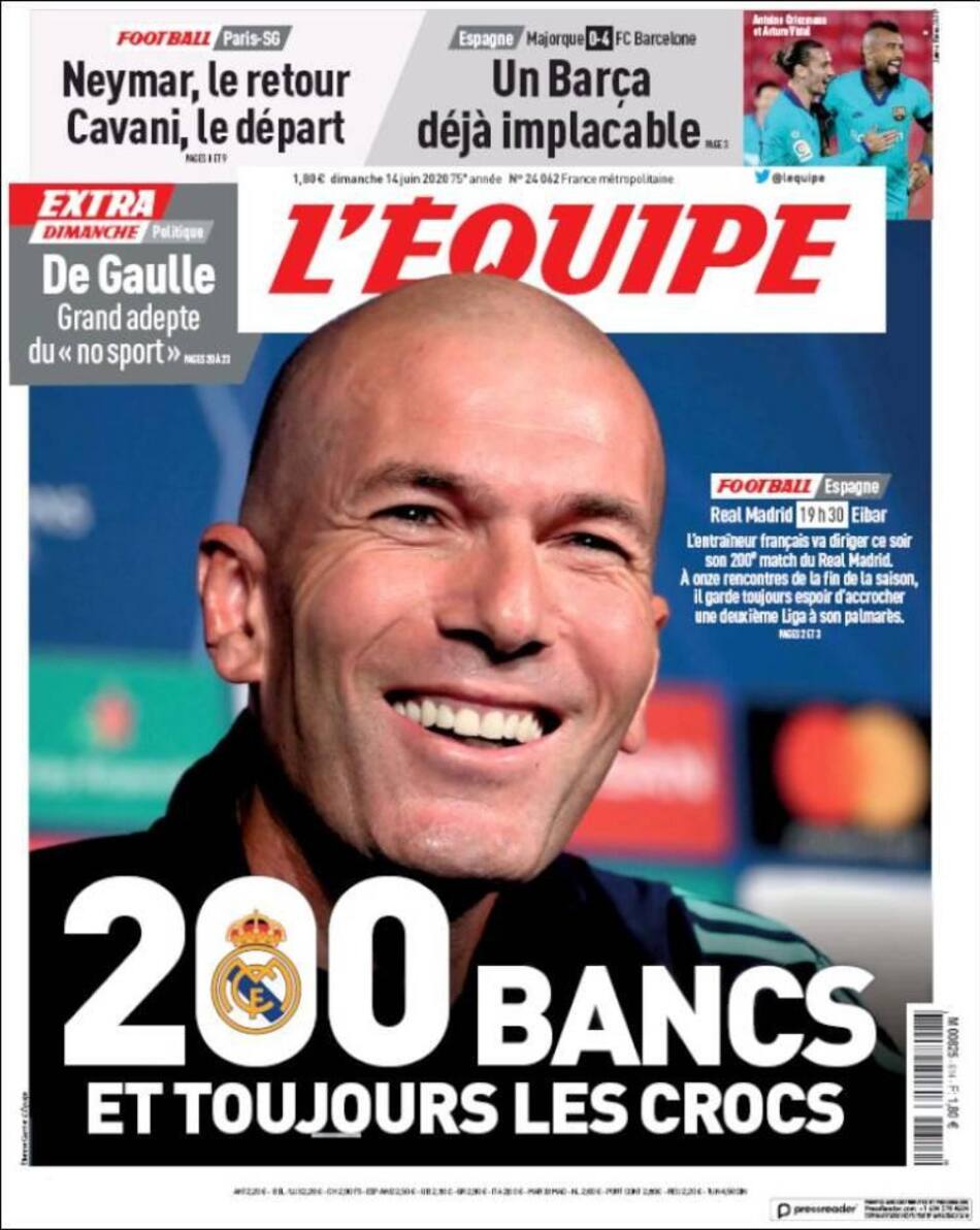 Tapa de diarios, L Equipe, domingo 14 de junio de 2020