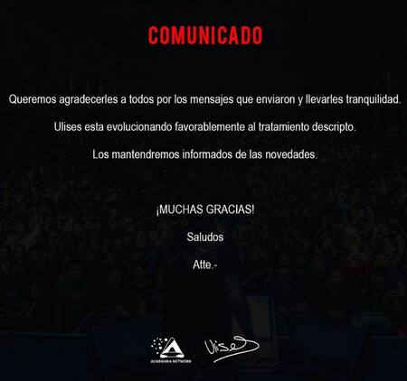 Comunicado por al salud de Ulises Bueno. Foto: Instagram.