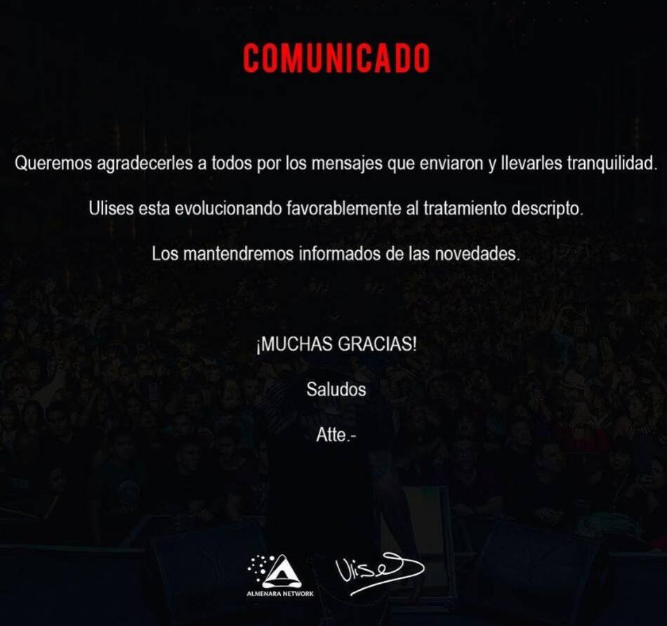 Comunicado por al salud de Ulises Bueno. Foto: Instagram.