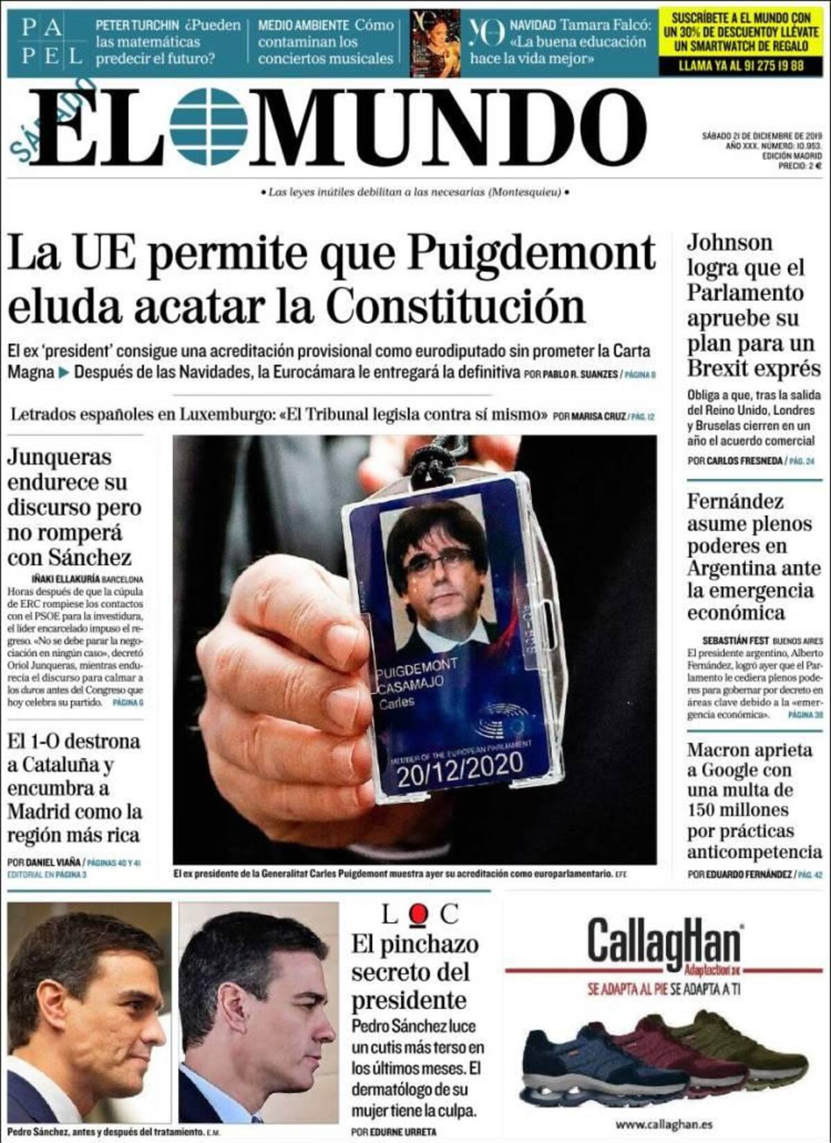 Tapas de diarios, El Mundo, sábado 21 de diciembre de 2019