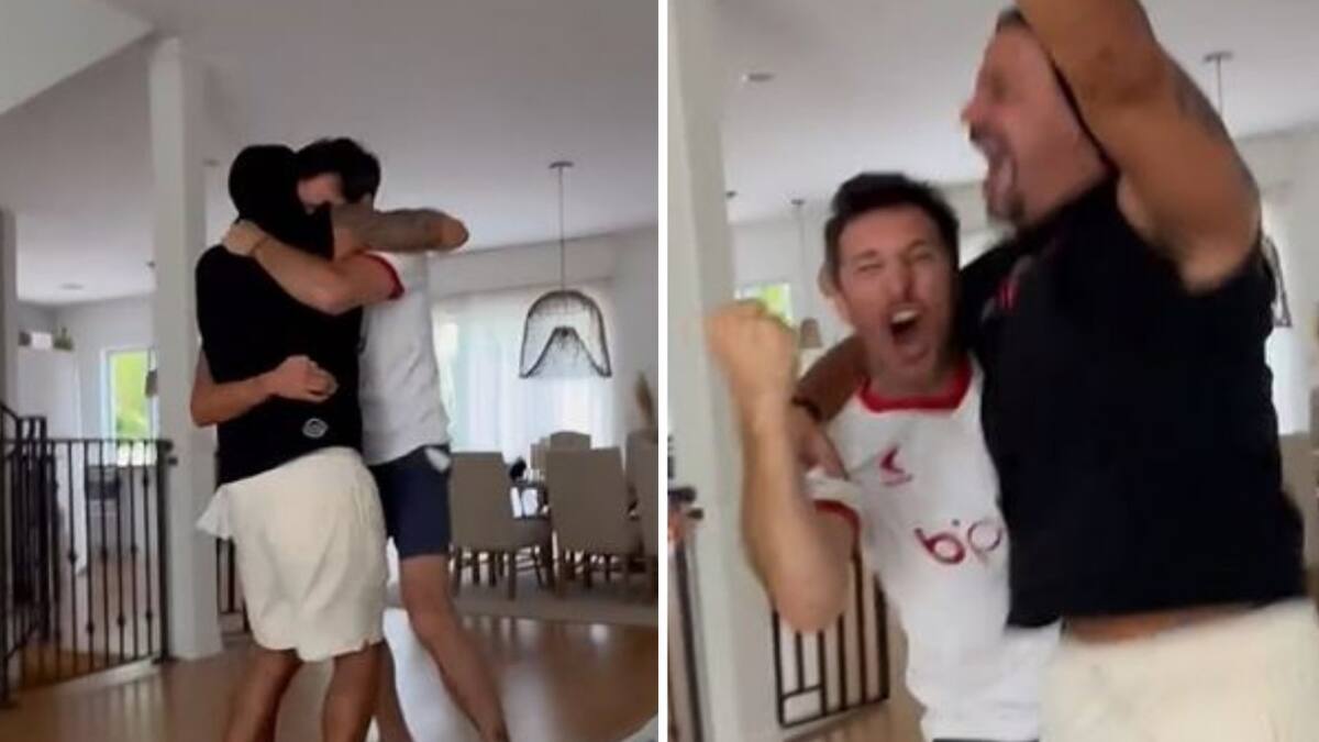 El efusivo festejo entre Juan Sebastián Verón y "Pico" Mónaco. Foto: Instagram @picomonaco.