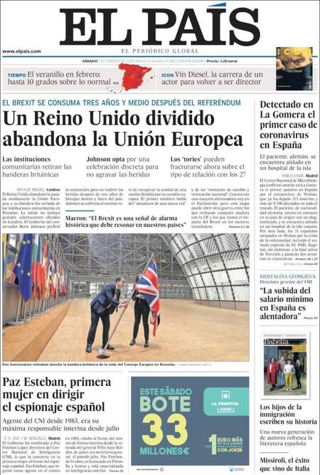 Tapas de diarios, El País, sábado 1 de febrero de 2020