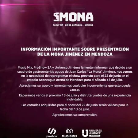 Comunicado sobre la salud de la Mona Jiménez. Foto: redes.