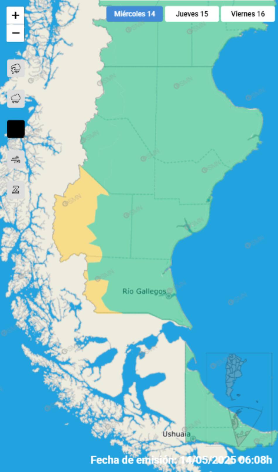 Alerta amarilla por nevadas en Santa Cruz. Foto: SMN.