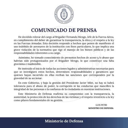 El comunicado del Ministerio de Defensa sobre la expulsión de Fernando Mengo. Foto: X.