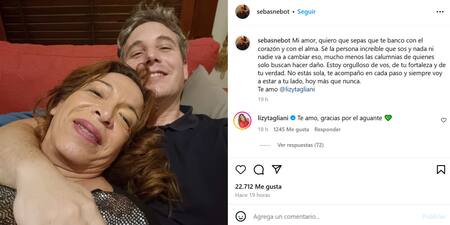 El mensaje de Sebastián Nebot a Lizy Tagliani. Foto: Instsgram.