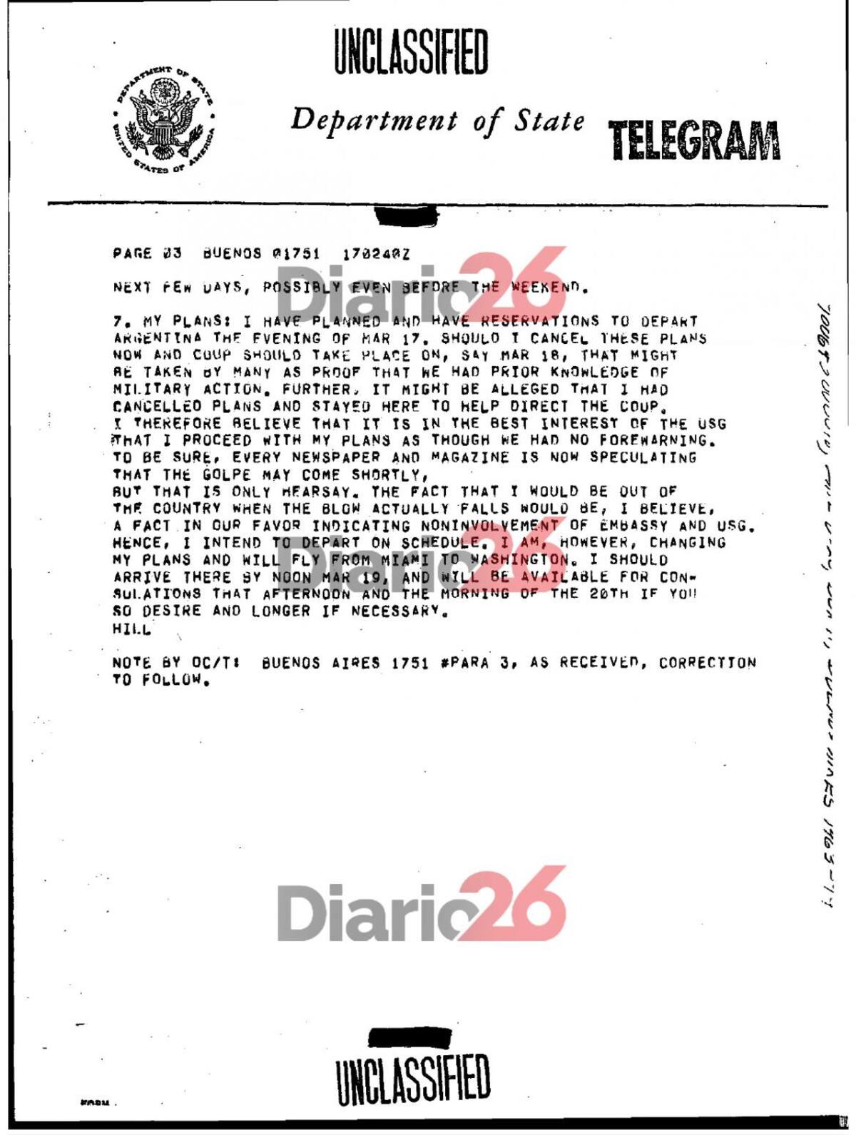 24 de marzo de 1976, golpe militar, dictadura militar en Argentina, documentos de Estados Unidos, Massera