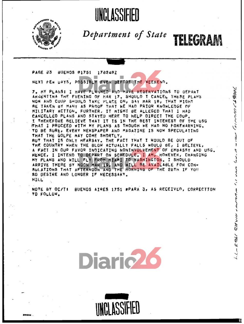 24 de marzo de 1976, golpe militar, dictadura militar en Argentina, documentos de Estados Unidos, Massera