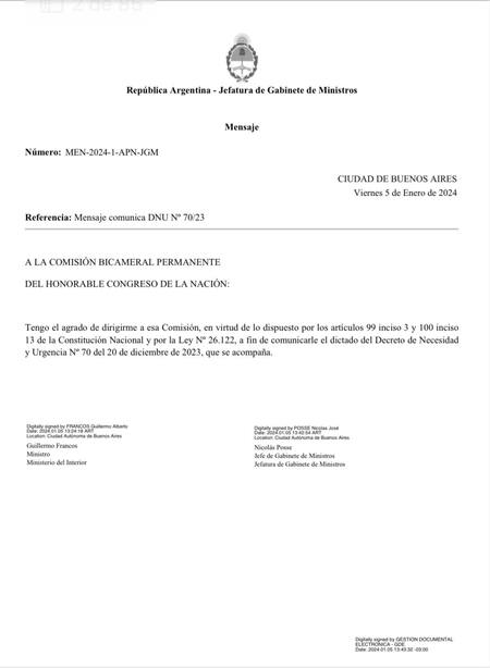 Gobierno envió el DNU al Congreso