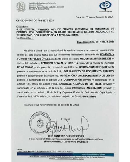 La orden de detención en contra de Edmundo González Urrutia. Foto: EFE.