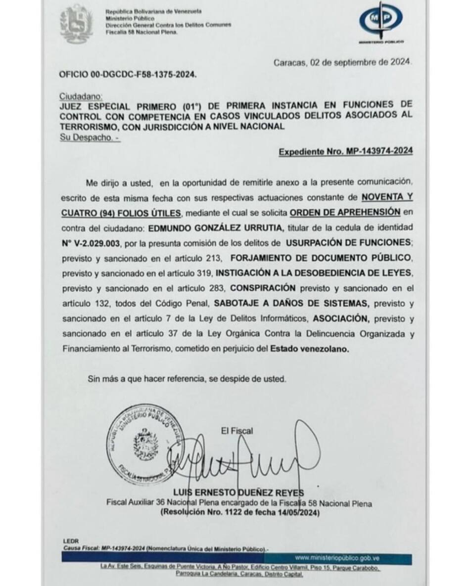 La orden de detención en contra de Edmundo González Urrutia. Foto: EFE.