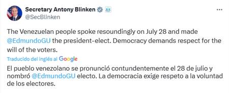 El posteo de Antony Blinken. Foto: captura.