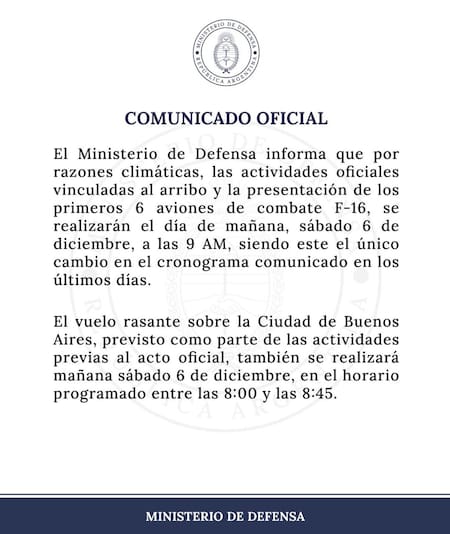 El comunicado del Ministerio de Defensa sobre la presentación de los aviones F-16.