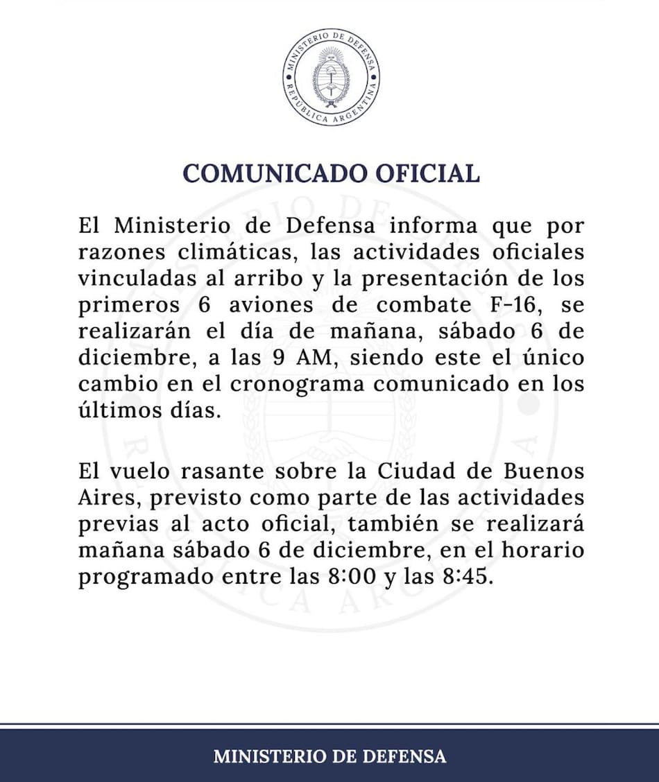 El comunicado del Ministerio de Defensa sobre la presentación de los aviones F-16.