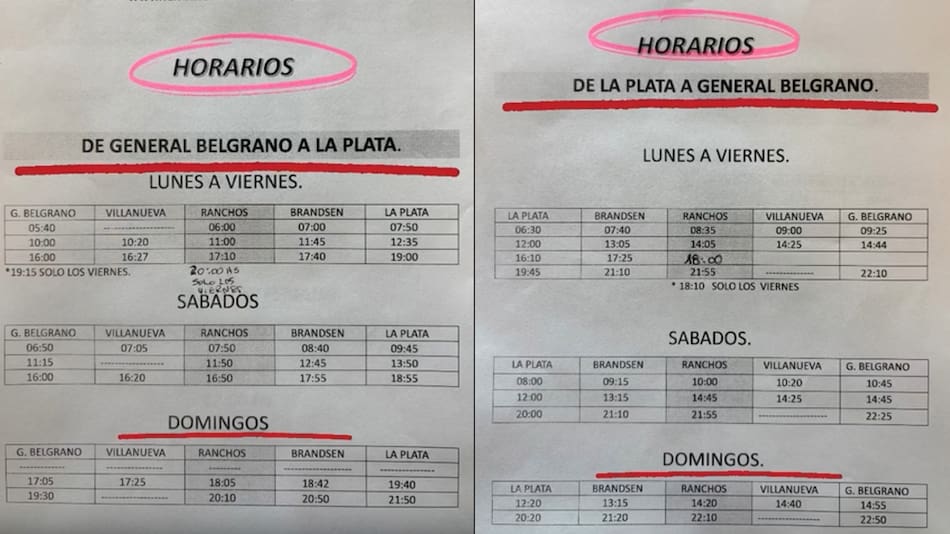 Los horarios del colectivo que conecta a La Plata con Ranchos.
