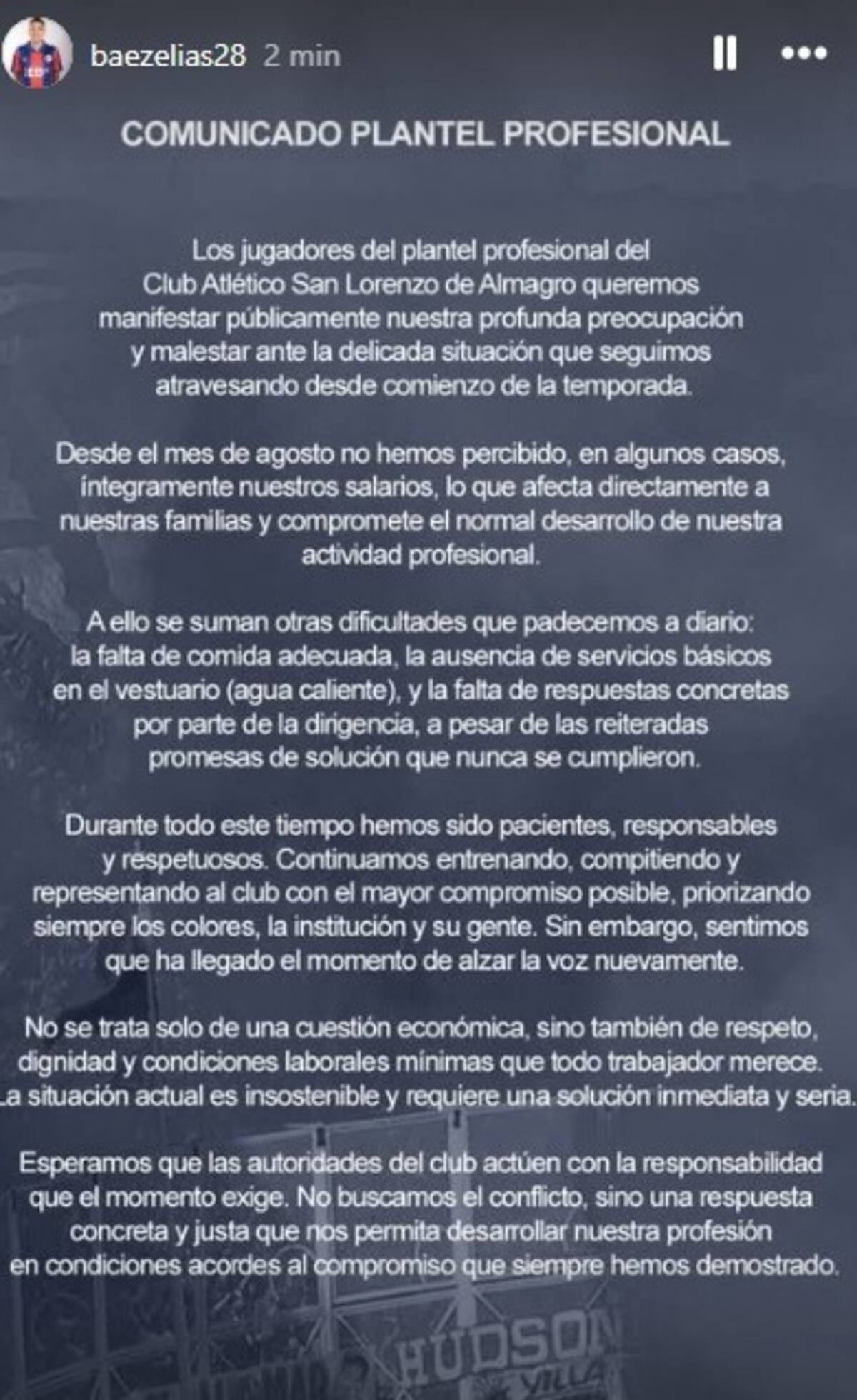 El comunicado del plantel de San Lorenzo contra la dirigencia.