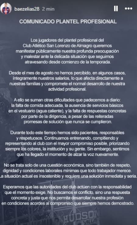 El comunicado del plantel de San Lorenzo contra la dirigencia.