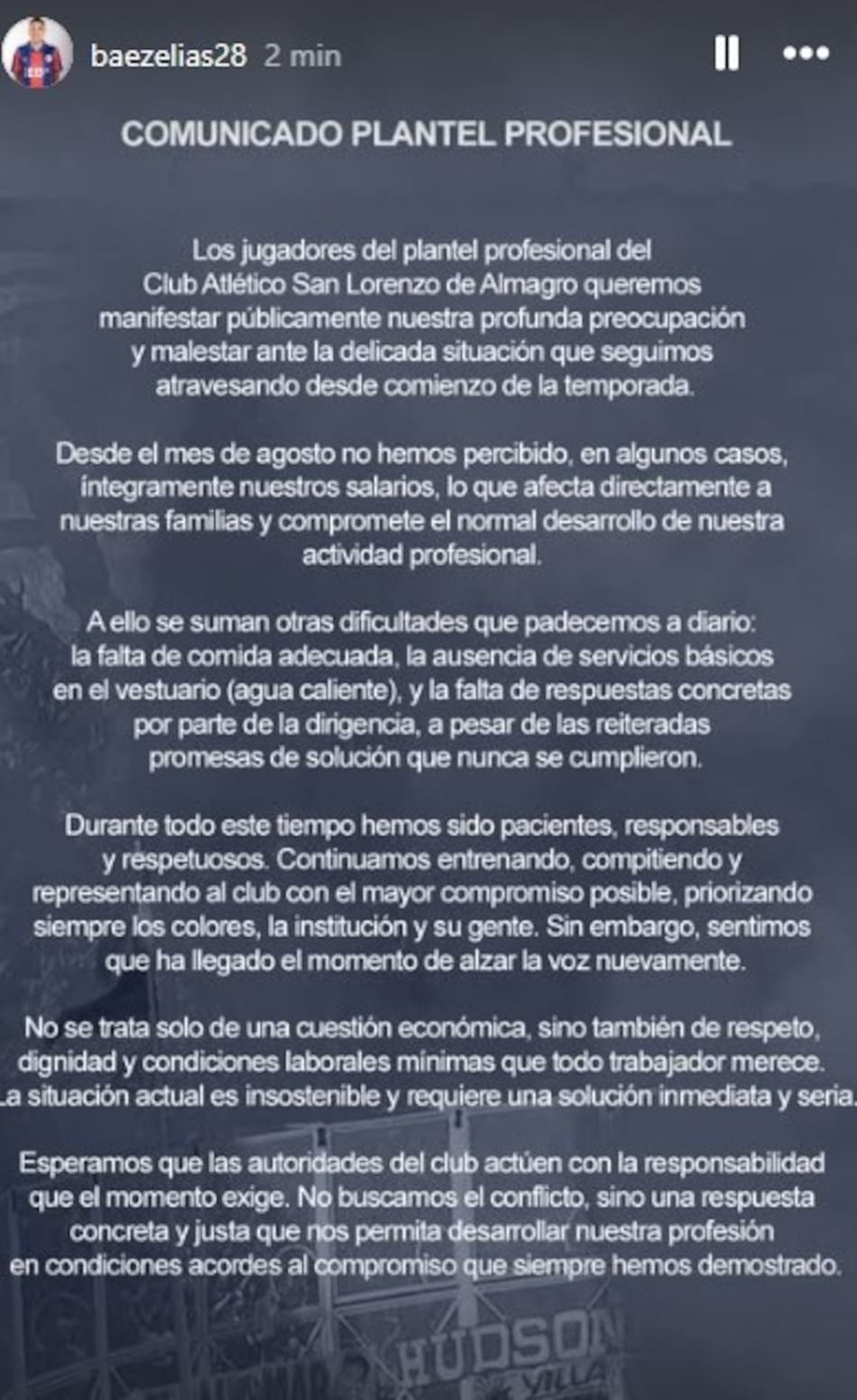 El comunicado del plantel de San Lorenzo contra la dirigencia.