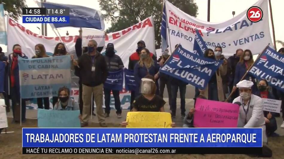 Protesta de trabajadores de LATAM frente a Aeroparque Jorge Newbery, Canal 26