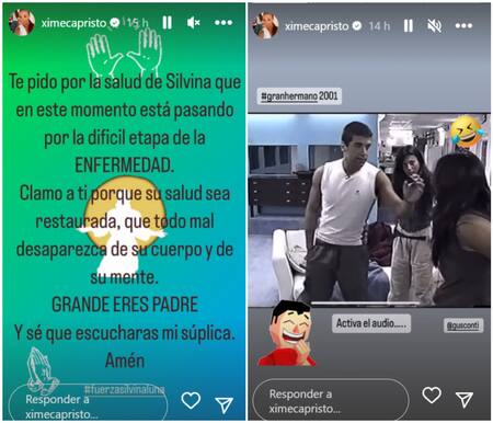 Las historias de Capristo pidiendo por Silvina. Fotos: Instagram.