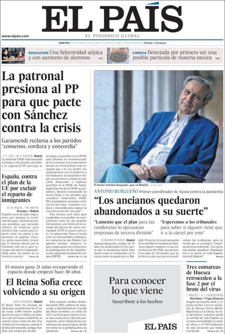 Tapas de diarios, El Pais de España, martes 23 de junio de 2020