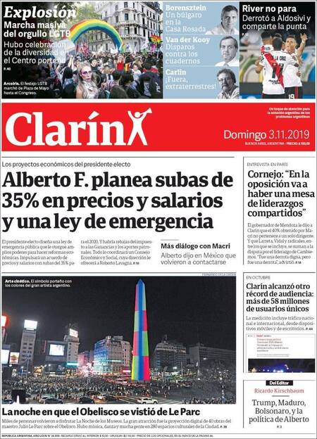 Tapas de diarios, Clarín, domingo 3-11-19