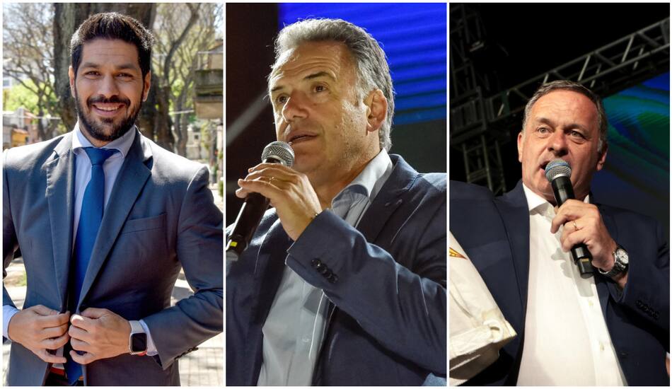 Andrés Ojeda, del Partido Colorado; Yamandú Orsi, del Frente Amplio; Álvaro Delgado, del Partido Nacional, los 3 candidatos principales que compiten por la presidencia de Uruguay. Fotos: EFE.