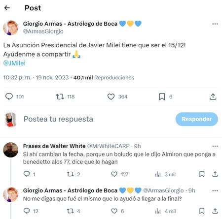 Los comentarios al posteo de Giorgio Armas. Foto: X.