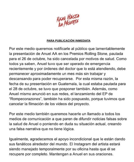El comunicado de la producción de Anuel. Foto: redes sociales.