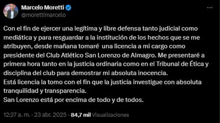 Marcelo Moretti anunció que toma de licencia de su presidencia en San Lorenzo. Foto: captura.