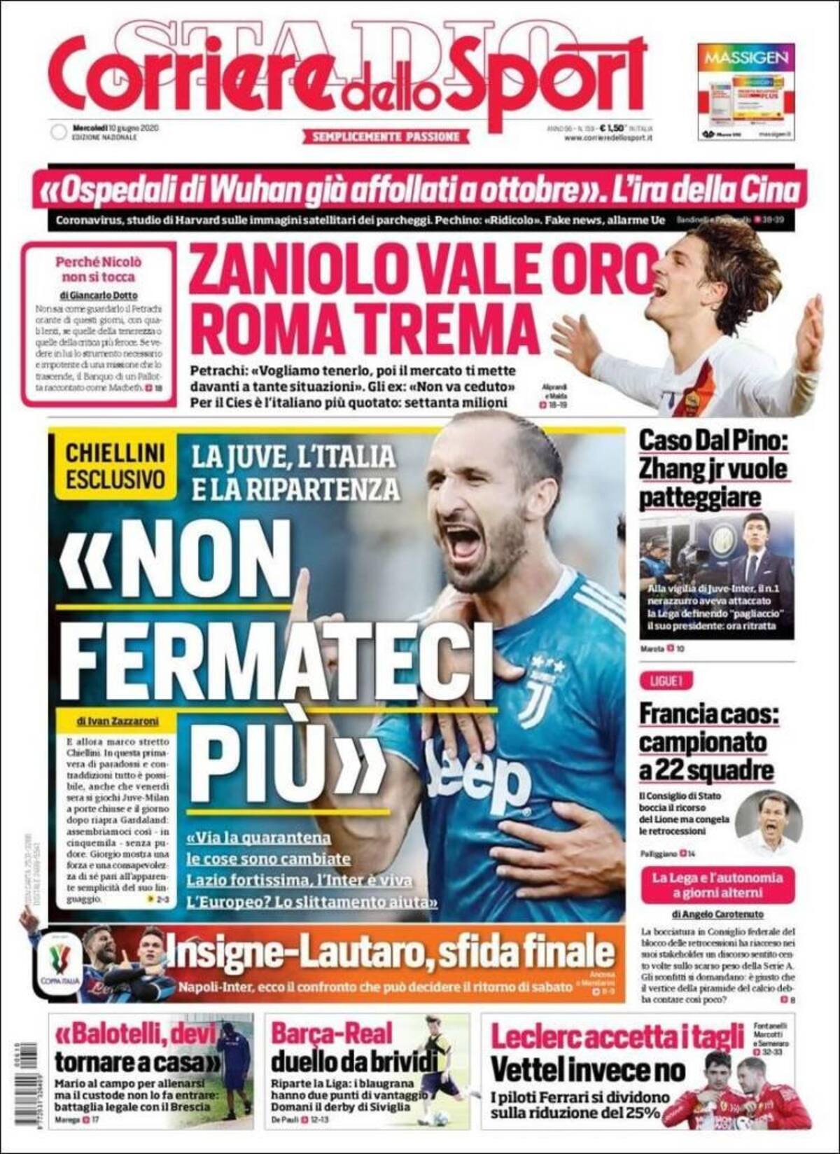 Tapas de diarios, Corriere dello sport, miércoles 10 de junio de 2020