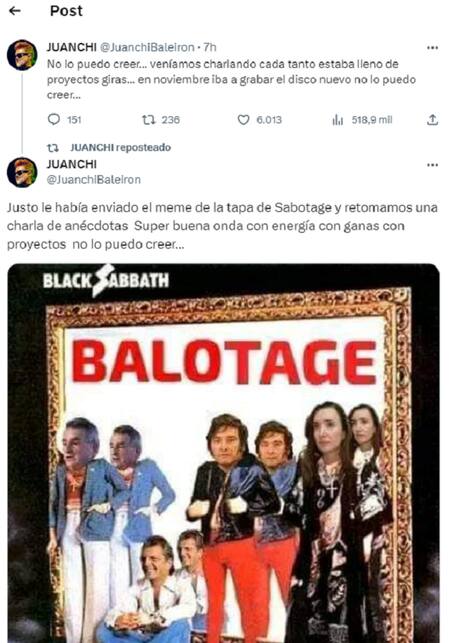 Juanchi Baleiron, originalmente guitarrista de Los Pericos. Foto: Twitter.