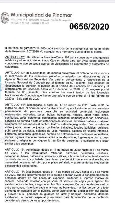 Comunicado Municipalidad Pinamar por Coronavirus